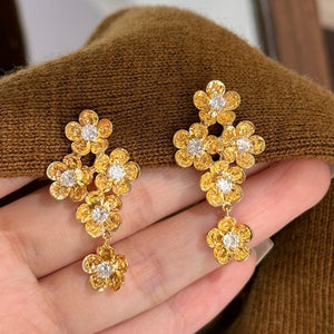 Gold Tone Crystal Flower Cluster Drop Earrings with Metal Tone Details