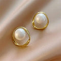 Gold Tone Open Geometric Frame White Pearl Stud Earrings view 2