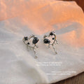 Silver Liquid Heart Black Crystal Stud Earrings Matching Pair view 1