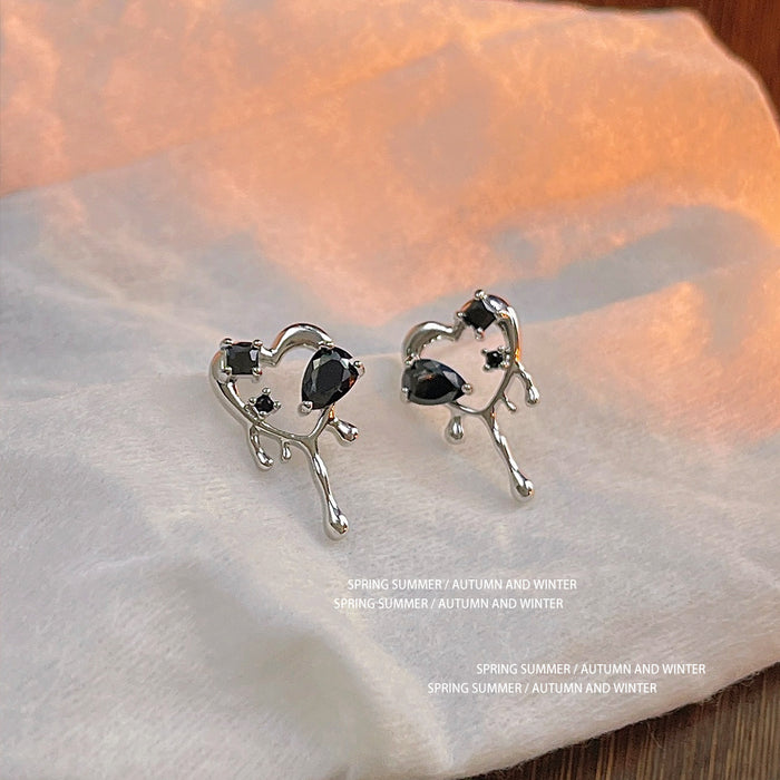 Silver Liquid Heart Black Crystal Stud Earrings Matching Pair