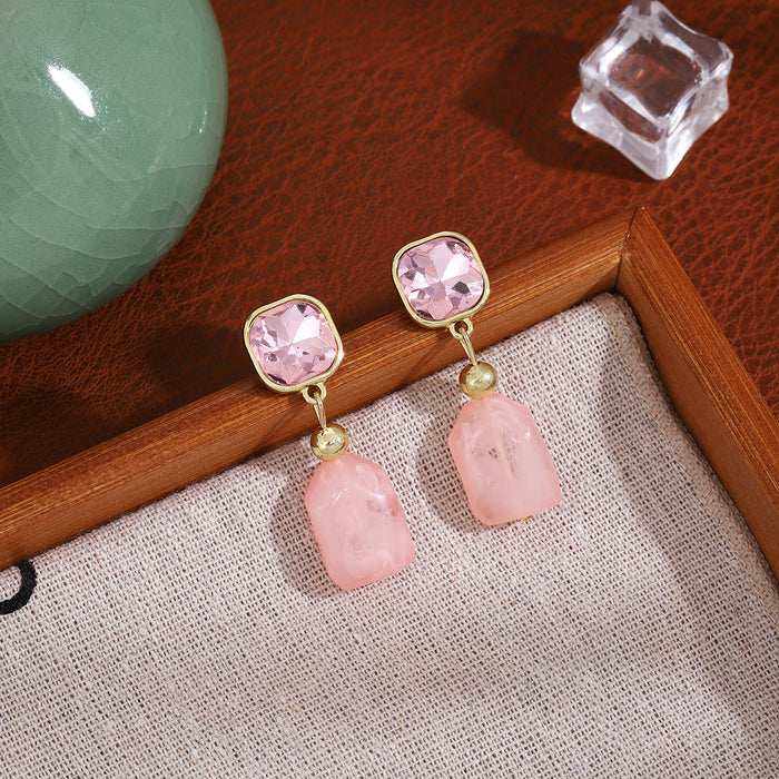 Pink Irregular Stone Look Gold Dangle Stud Earrings