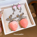 Pink Strawberry and Crystal Bow Drop Stud Earrings view 4