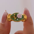Green Enamel Floral Open Rings Pearl Rose Gold Steel Size 7 view 3