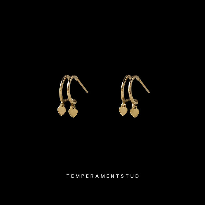 Gold Double Hoop Dual Heart Charm Stud Earrings Pair