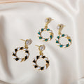 Gold Pearl Stud Earrings Twisted Enamel Circle Drops view 1