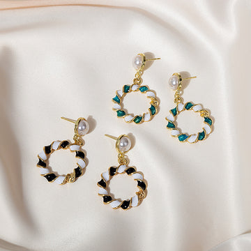 Gold Pearl Stud Earrings Twisted Enamel Circle Drops