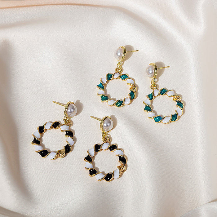 Gold Pearl Stud Earrings Twisted Enamel Circle Drops