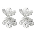 Silver-Tone Textured Double Flower Clear Stone Stud Earrings view 5