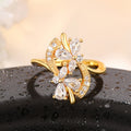 Gold Tone Floral Leaf CZ Ring and Matching Ear Clip Set view 3