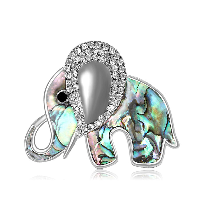 Iridescent Shell Elephant Brooch With Crystal Head and Silver Frame