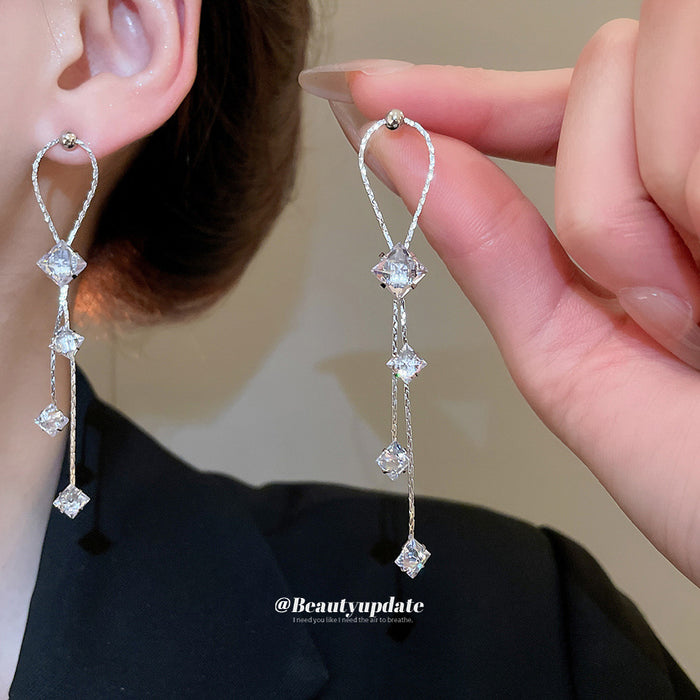 Silver Tone Star And Crystal Linear Long Drop Earrings