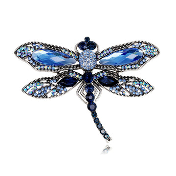 Blue Silver Tone Dragonfly Crystal Metal Brooch Pin