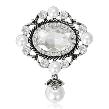 Vintage Oval Crystal Pearl Drop Brooch Gold Silver Two Tones