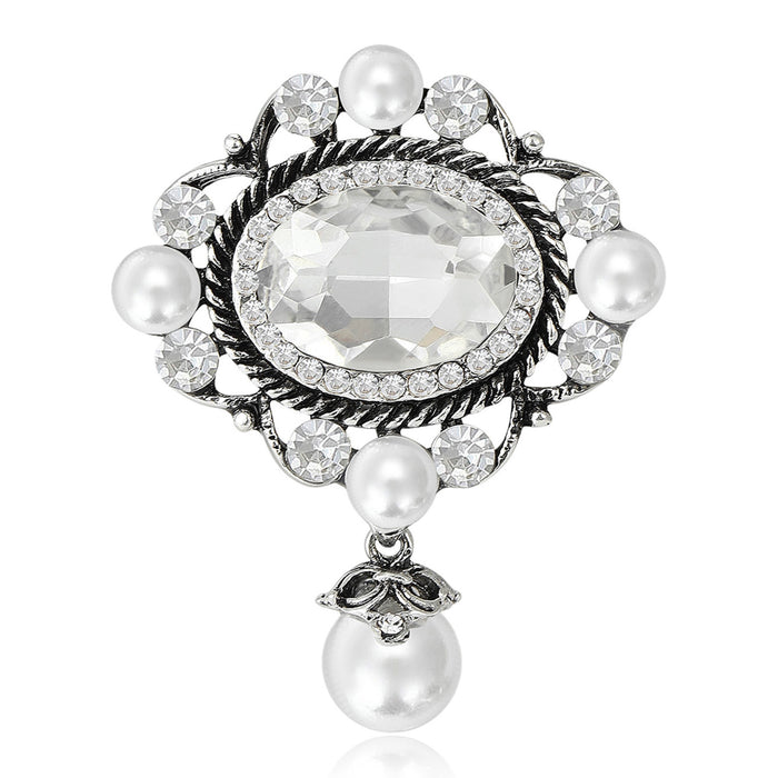 Vintage Oval Crystal Pearl Drop Brooch Gold Silver Two Tones