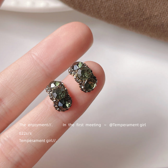 Antique Dark Metal Olive Green Crystal Three-Stone Studs