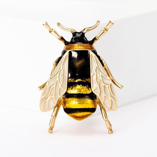 Black yellow enamel bee brooch gold wings antennae front close-up