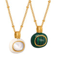 Gold Tone Oval Pendant Necklace Green Stone White Shell view 5