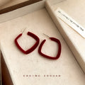 Wine Red Velvet Geometric Square Open Hoop Stud Earrings view 4