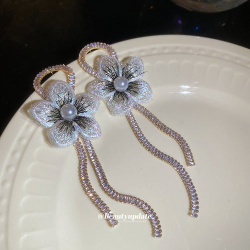 Product image 2 showing pale blue fabric flowers with pearl centers and slim chain fringe