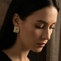 Green Eye Crystal Square Stud Earrings in Gold Tone view 4