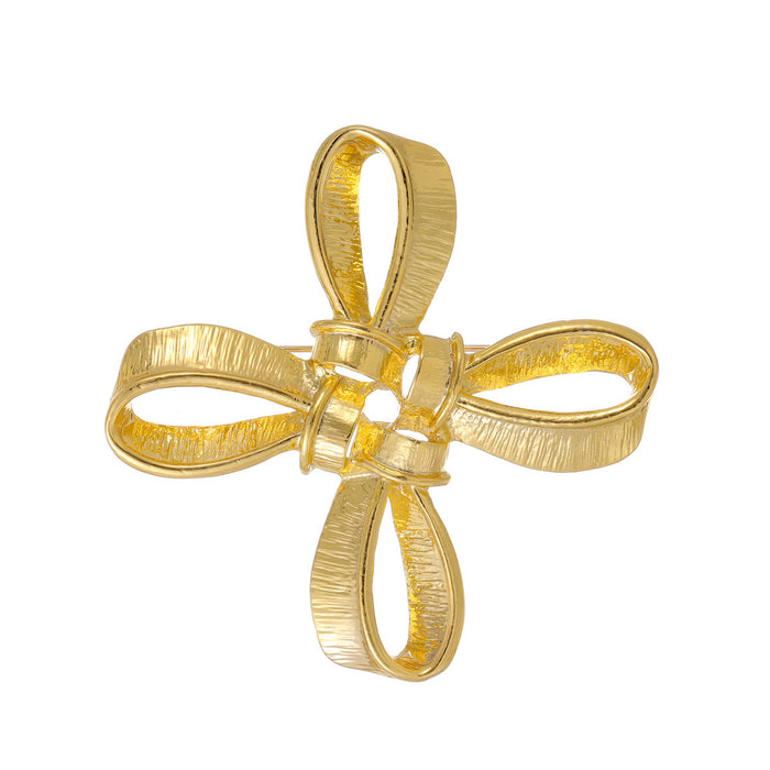 Yellow Gold Tone Ribbon Bow Polished Metal Brooch Pin