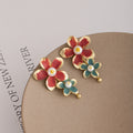 Red and Teal Flower Gold Tone Dangle Stud Earrings view 4