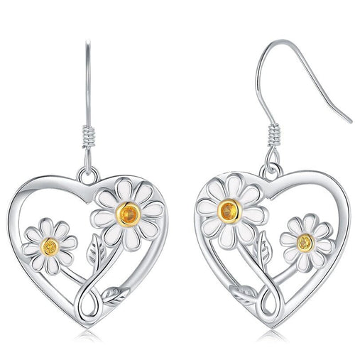 Daisy Heart Silver Tone Hook Earrings Polished Jewelry Accessory - alternate product view