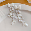 White Beaded Bow Extra Long Floral Tassel Stud Earrings view 6