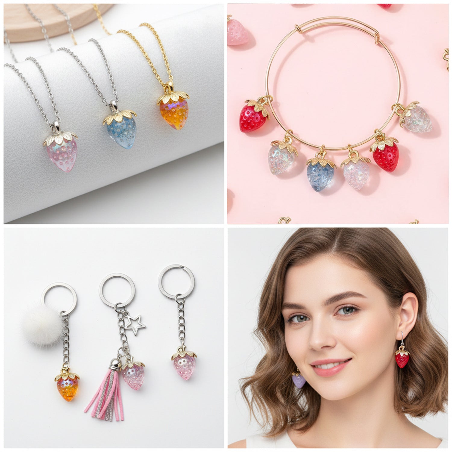 Iridescent Plated Transparent Acrylic 3D Strawberry Charm Pendant for Keychain Phone Strap Making