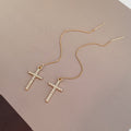 Gold Tone Clear Stone Cross Long Chain Threader Earrings view 4