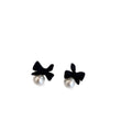 Black Velvet Butterfly Bow Stud Earrings With Pearl Centers view 5