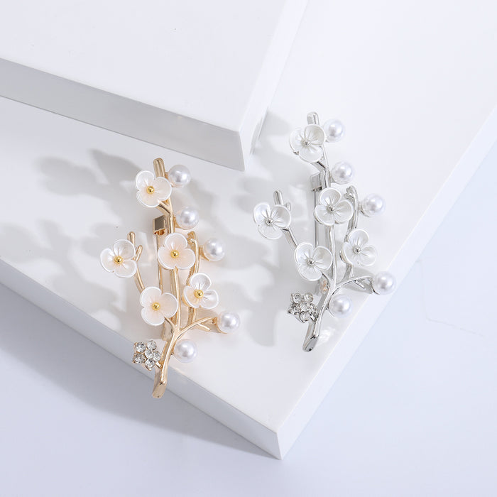 Shell Plum Blossom Pearl Branch Brooch Silver Gold Tone Pin
