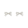 Silver Tone Clear Stone Lace Ribbon Bow Stud Earrings view 5