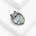 Silver Owl Brooch Abalone Shell Body Teal Crystal Eyes view 2