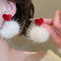 Red Heart and Faux Fur Pom Pom Drop Earrings Statement Fashion Jewelry view 4