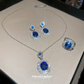 Silver Blue Oval Halo Necklace Earrings And Ring Set view 2