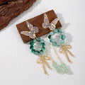 Green Bead Butterfly and Bow Long Chain Dangle Stud Earrings view 4