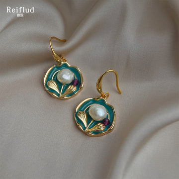 Gold Teal Enamel Disc Baroque Pearl Floral Drop Hook Earrings