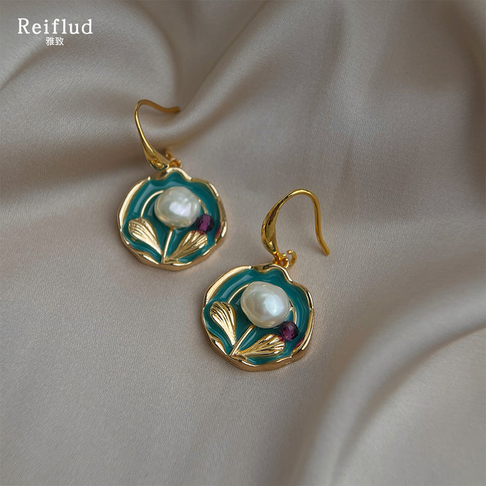 Gold Teal Enamel Disc Baroque Pearl Floral Drop Hook Earrings