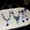 Deep Blue Flower And Teardrop Crystal Earrings And Necklace In Silver Tone view 1