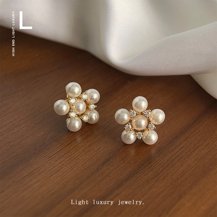 Gold Tone Pearl Flower Stud Earrings Clear Crystal Accents