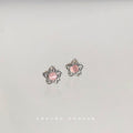 Silver Textured Flower Stud Earrings Pink Cats Eye Center view 1