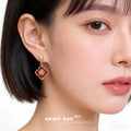 Gold Tone Burgundy Four Petal Flower Long Drop Stud Earrings view 2
