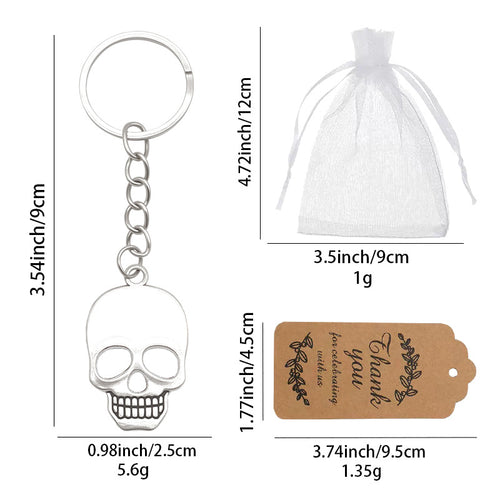 Size chart for silver skull keychain organza bag and kraft tag