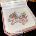 Pink Pearl Cluster Earrings With Crystal Accents Statement Jewelry view 1
