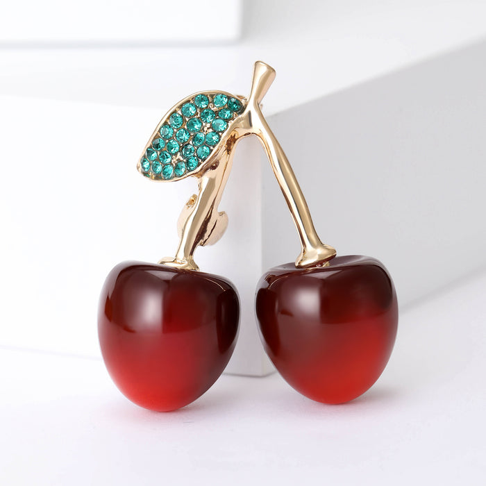 Red Cherry Brooch Gold Stem Teal Rhinestone Leaf Fruit Pin
