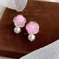 Pink Translucent Resin Rose Stud Earrings Pearl Drop Styles view 1