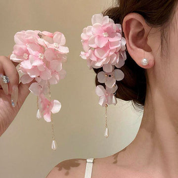 Fabric Flower Duckbill Hair Clips with Pearl Chain Tassels