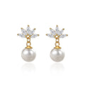 Snowflake Crystal Pearl Drop Stud Earrings in Two Tones view 2