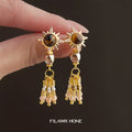 Gold Tone Brown Stone Starburst And Pearl Tassel Stud Earrings view 3